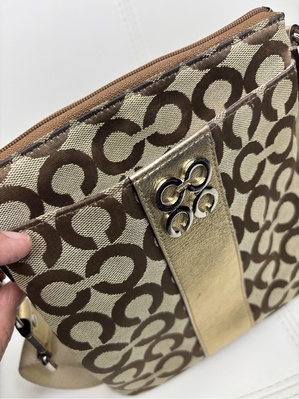 Coach Signature Stripe File Bag / Crossbody Pouch in Brown & Gold - Picture 3 of 16